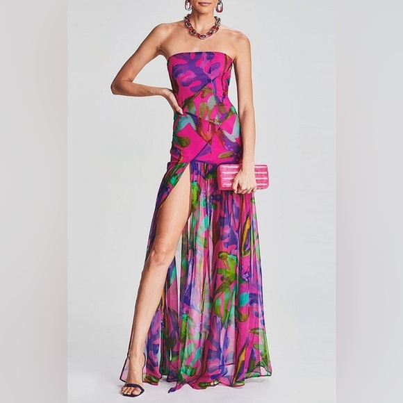 Vibrant Y2K Style Tropical Print Sheer Strapless Maxi Dress - Picture 1 of 4